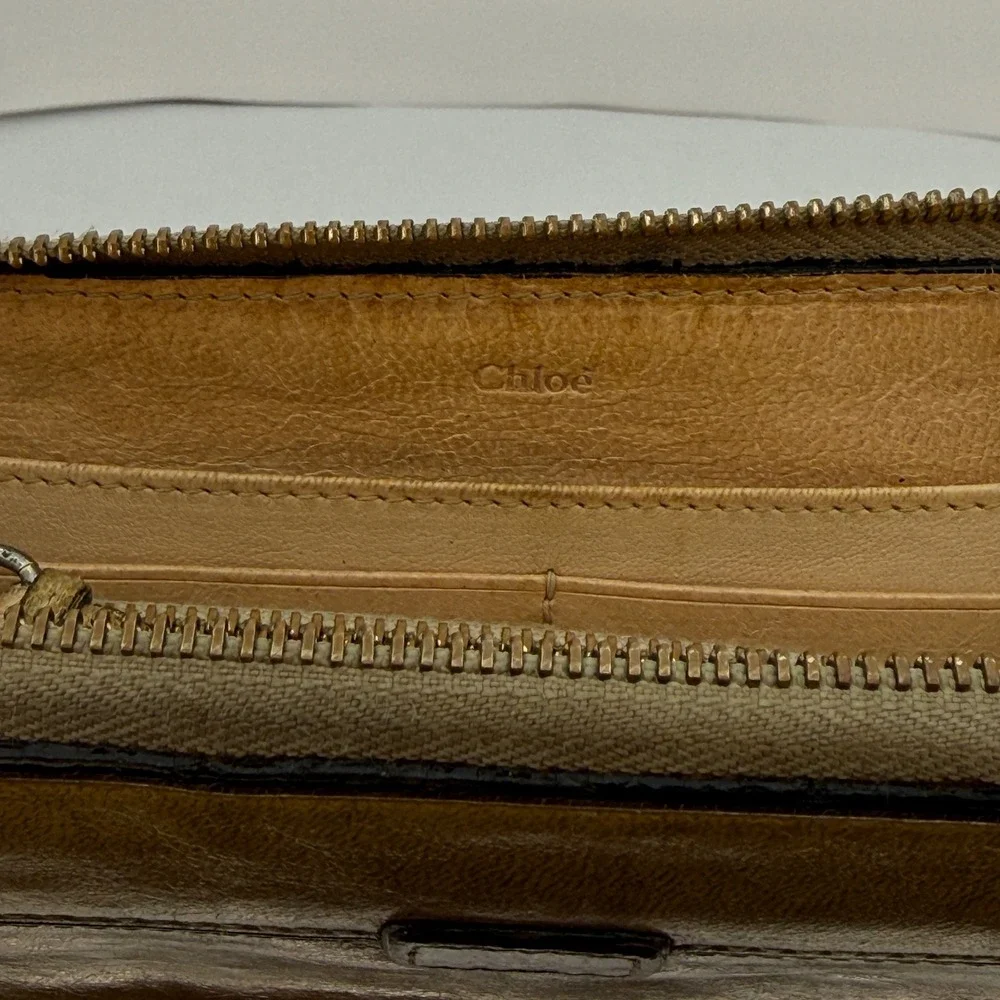 Chloe Tan Leather Zip‎ Around Long Wallet Gold Hardware Vintage Patina Italy